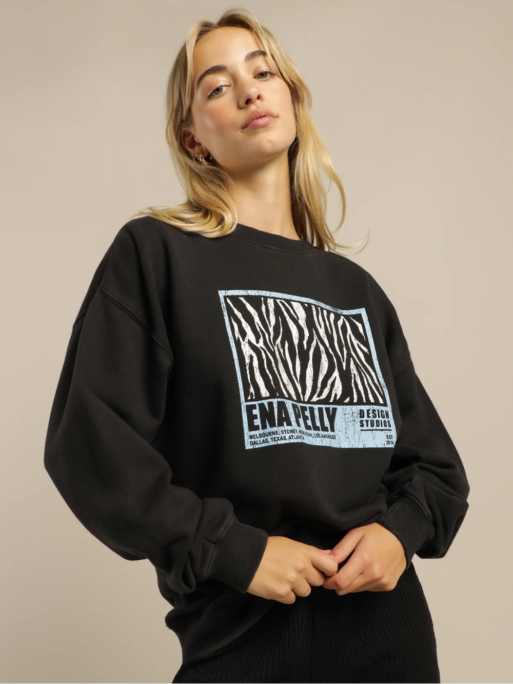 Ena Pelly Wild Stripe Sweatshirt Washed Black XS/Small Teal Crewneck Sweater